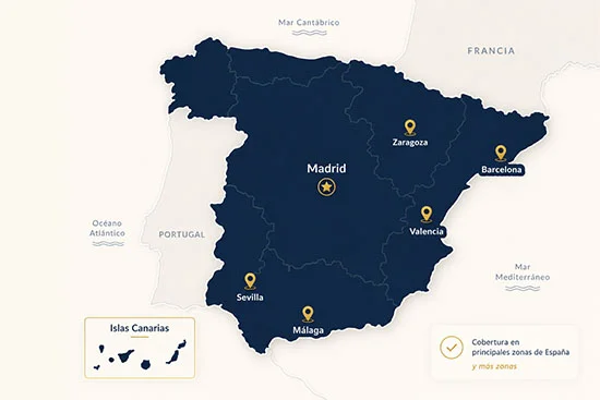 Mapa de cobertura del servicio de vaciado de pisos y viviendas de Vaciaro Express en diferentes zonas de España