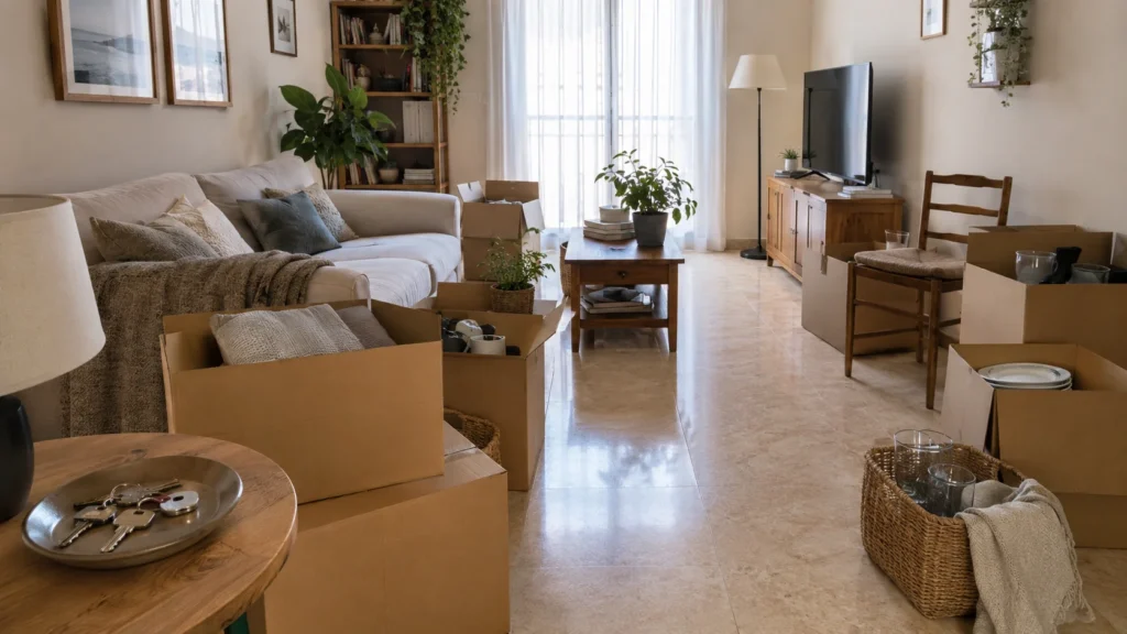 Cajas y objetos clasificados antes de vaciar una vivienda en España