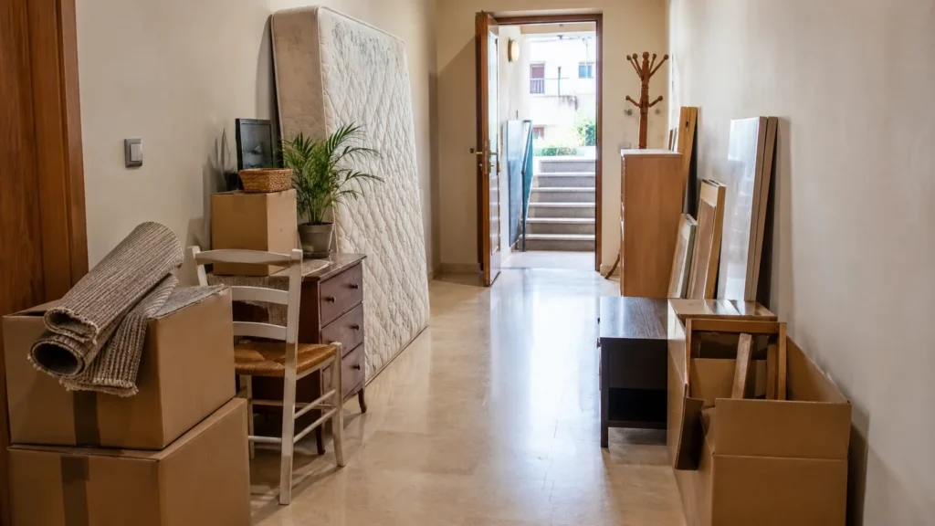 Muebles, cajas y acceso de vivienda antes de un servicio de vaciado