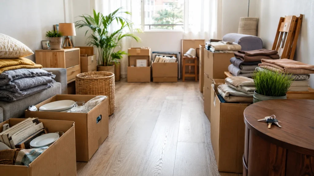 Cajas, muebles y objetos separados antes de un vaciado profesional