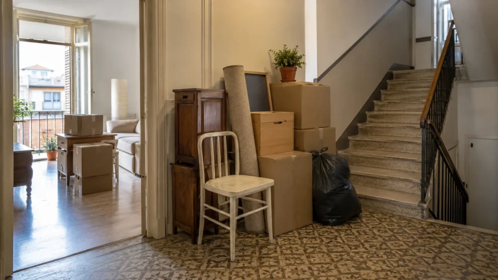 vaciado de piso sin ascensor con muebles y cajas preparados