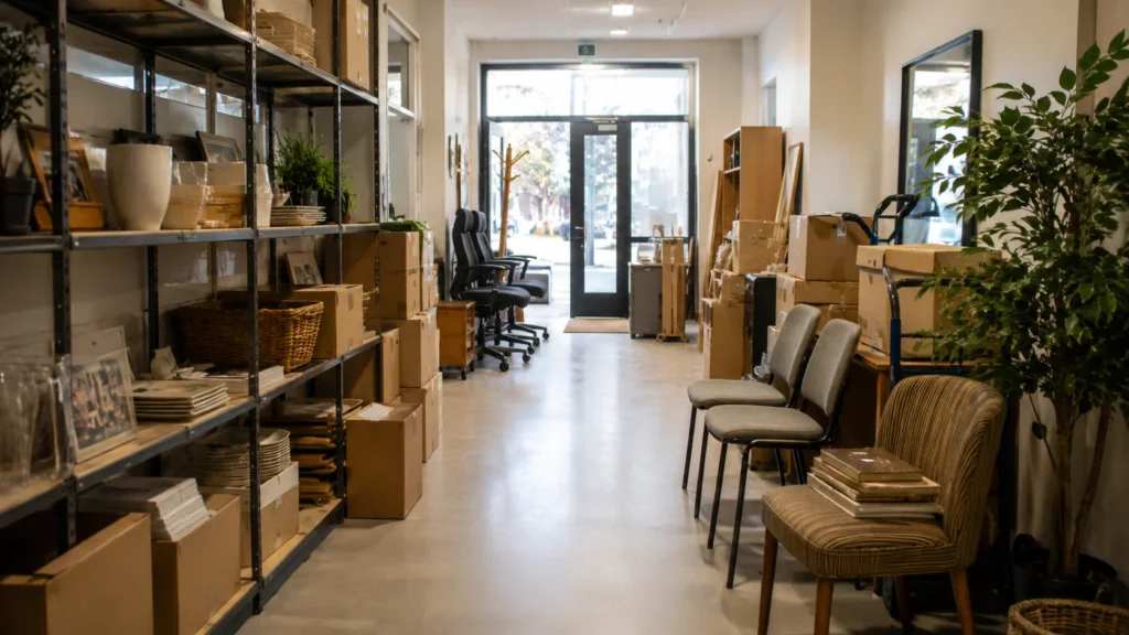 Mobiliario y cajas preparados para el vaciado de un local comercial