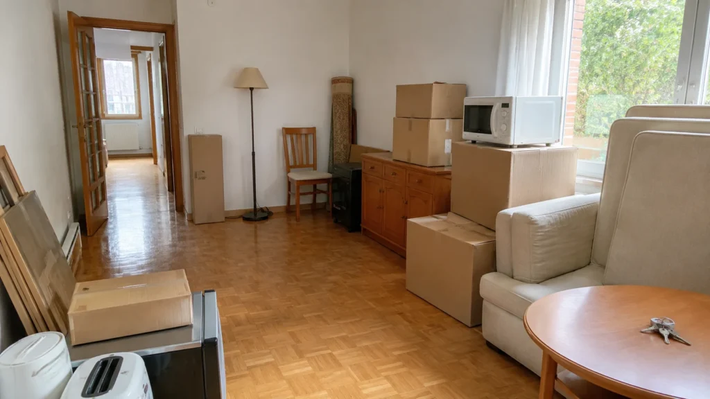 Vaciado de vivienda con muebles, cajas y objetos preparados para retirar